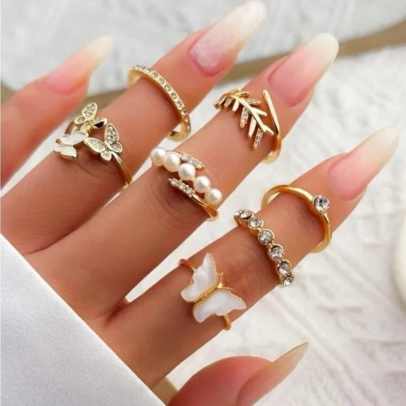 Gold 3/$30 7pc Butterfly Rhinestone Ring Set - Picture 2 of 3